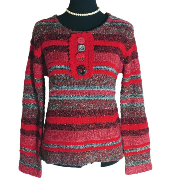 NWT Parkhurst Ladies Womens Red / Gray Striped Button Sweater sz SM - Picture 1 of 4
